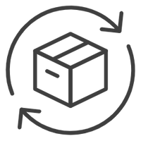 Clean line illustration of a parcel with circular arrows, symbolising EYLUME Easy Returns for simple, hassle-free exchanges and refunds.