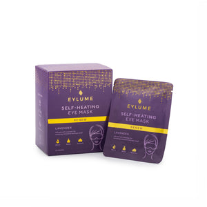EYLUME Renew self heating eye mask lavender box displayed with an individual warming eye mask sachet infused with lavender