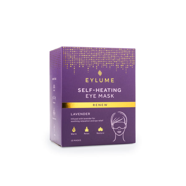 EYLUME Renew self heating eye mask lavender box containing 10 warming eye masks infused with lavender for relaxation and eye relief