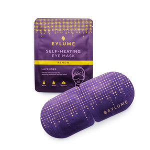 EYLUME Renew self heating eye mask lavender warming eye mask displayed with individual lavender infused sachet packaging