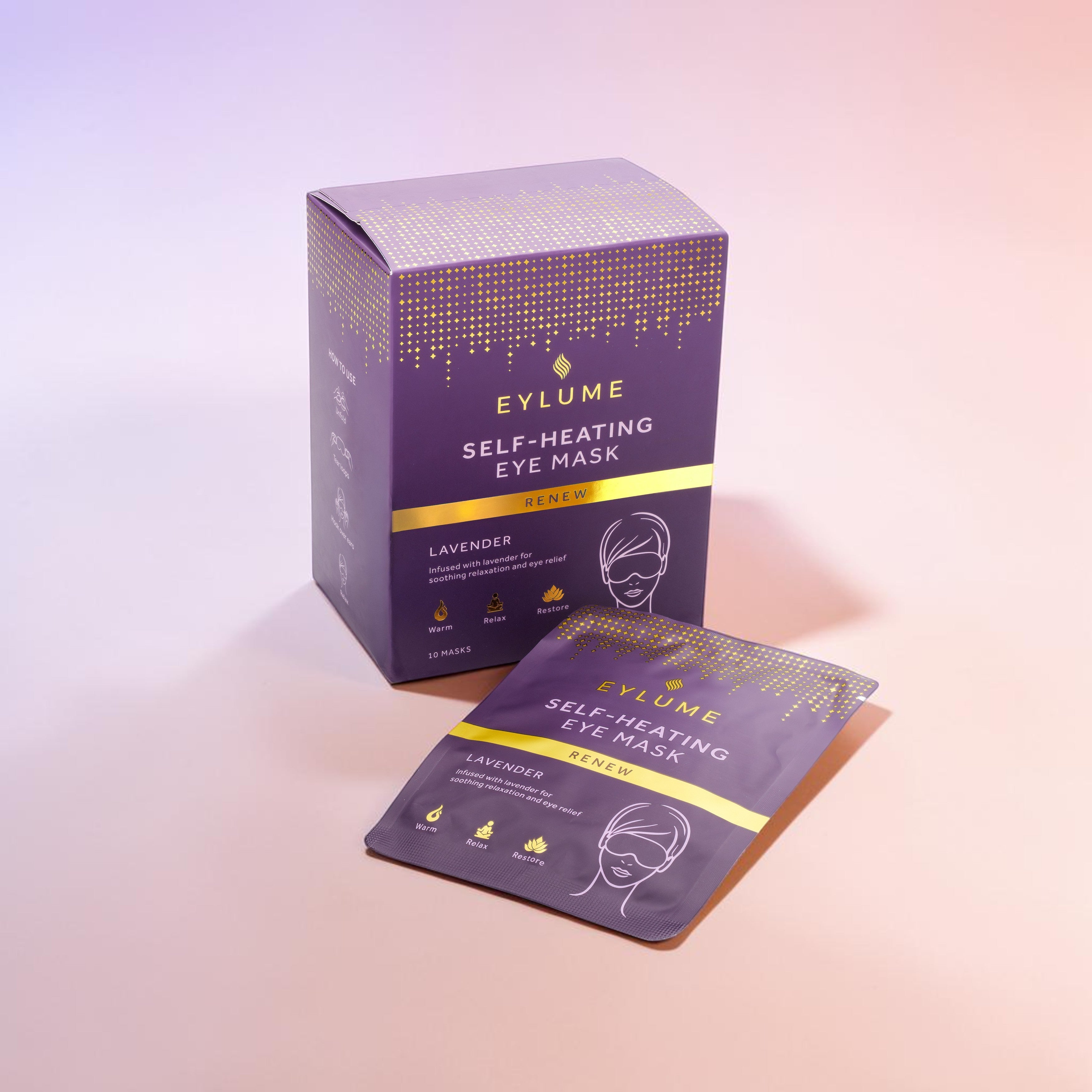 EYLUME RENEW lavender self-heating eye mask box and sachet displayed on a premium wellness-inspired background.