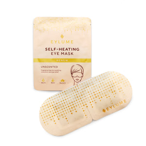 EYLUME Renew self heating eye mask unscented warming eye mask displayed with individual sachet packaging